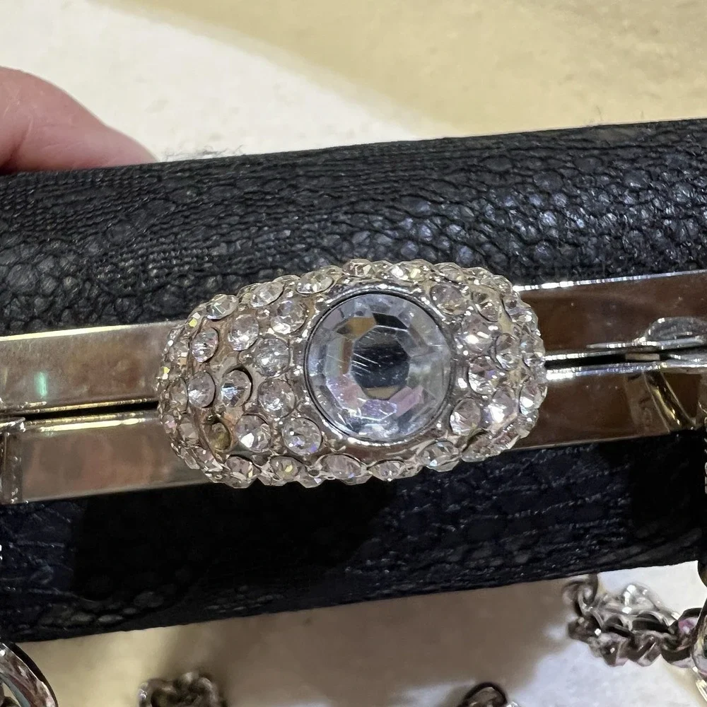 Jewell Black Hard Shell Faux Suede Evening‎ Prom Bag Rhinestone Ring Closure
